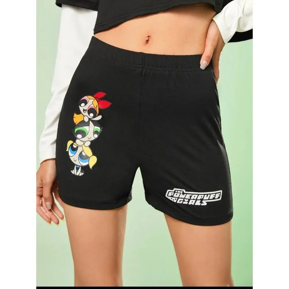 Romwe Powerpuff Girls Cartoon Letter Graphic Biker Black Shorts Plus Size 3XL - Picture 2 of 14